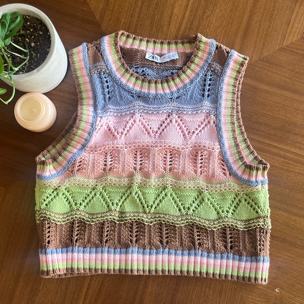 Colorful 70s Inspired ZARA Knit Cotton Sweater Vest